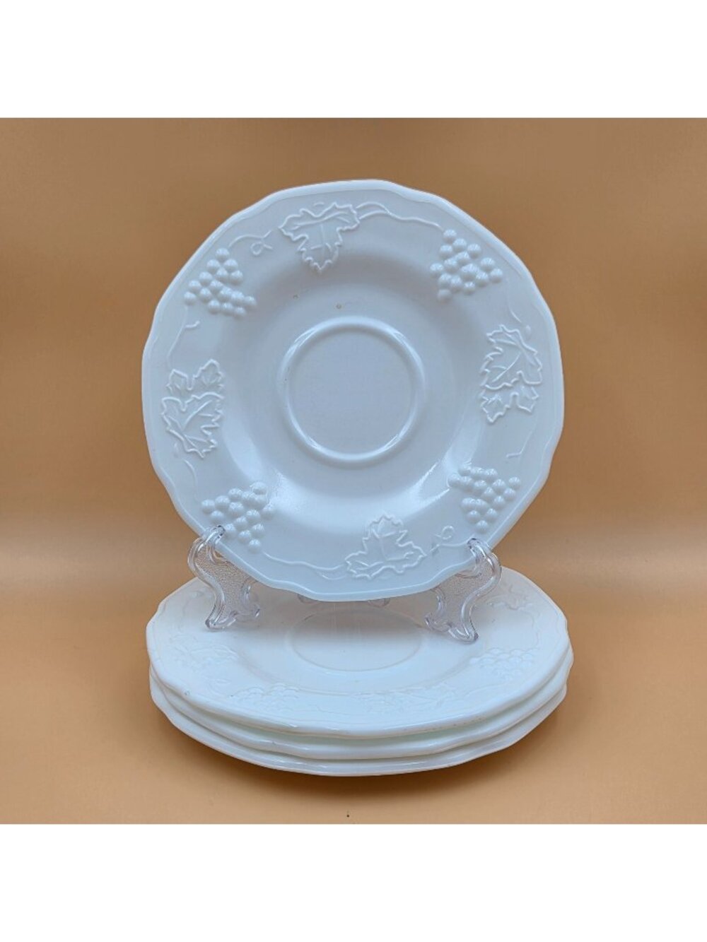 Colony Harvest Milk Glass Grape and Leaf Saucers Set of 4 Vintage White Glass